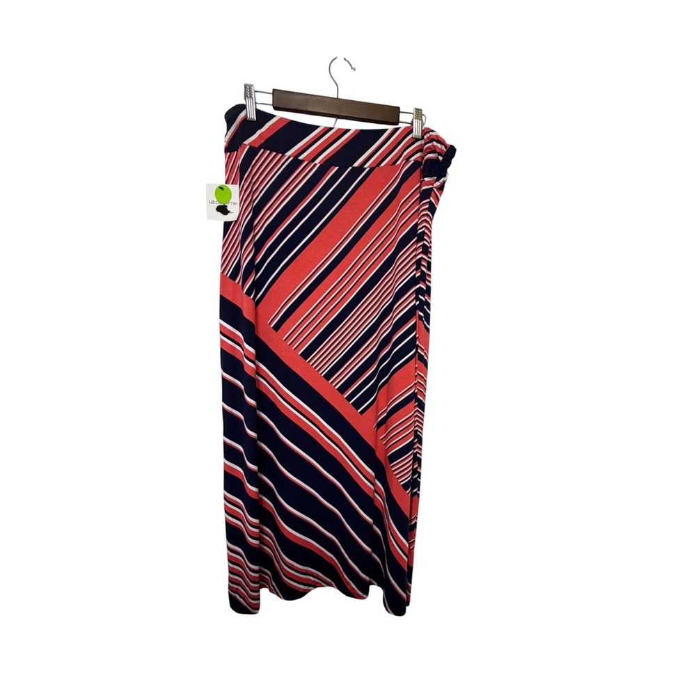 Liz Claiborne Woman's Maxi Skirt XL Navy Blue Coral Pink Stripe Knit Jersey NEW‎